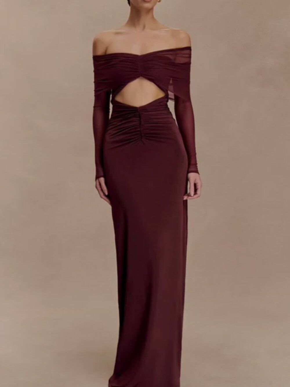 Meshki Rafaella Slinky And Mesh Maxi Dress Medium Mahogany Wine Cocktail